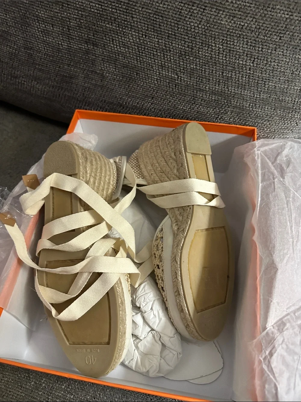 Castaner Cream Woven Espadrille Ballet Flats with Ribbon Ties